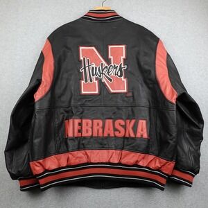 Vintage G-III Nebraska Huskers Leather Jacket Mens XL Black Red Satin Lined